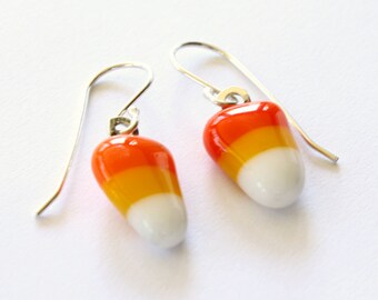 Candy Corn Earrings, Candy Corn Jewelry, Fused Glass Jewelry, Sterling Silver Ear Wires, Leverback Option, Halloween, Made in USA