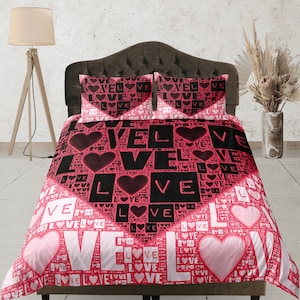 Love Duvet Cover Set, Romantic Bedding Set, Heart Pattern Quilt Cover, Red Typography Bedspread, Couples Bedroom Set, Gifts for Newlyweds
