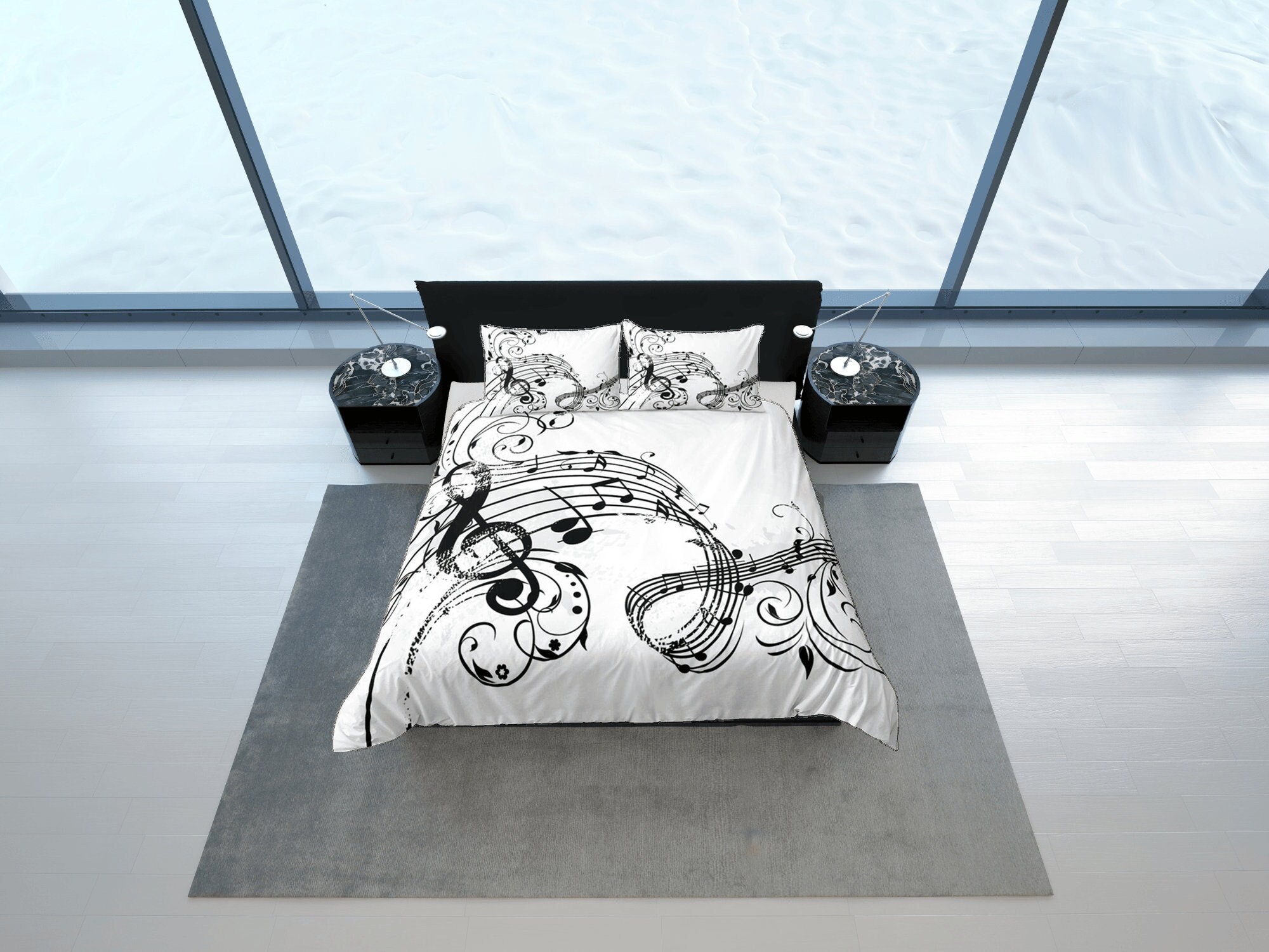 Copripiumino Double Con Note Musicali E Chitarre - 3 Pezzi (200x200 Cm + 2 Federe) In Microfibra - 5