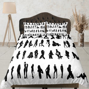 Silhouette Print  Duvet Cover Set, Cute Bedding Set, Dorm Bedroom Set, Black and White Bedspread, Figure Art Bed Cover, Minimalist Bedding