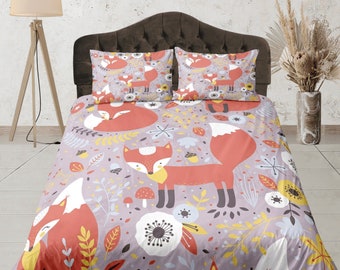 Juego de cama con estampado de zorro adorable, juego de cama único, funda nórdica de colores pastel, juego de dormitorio con diseño de animales lindos, funda de cama estética
