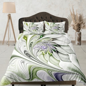 Abstract Swirl Duvet Cover Set, Beautiful Bedding Set, Aesthetic Dorm Quilt Cover, Bedroom Set, Unique Bedspread, Green and White Bed Cover