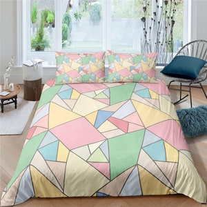 Pastel Geometric Bedding Set, Pink and Green Duvet Cover Set, Abstract Quilt Cover, Soft bed cover, Aesthetic Bedroom Set, Modern Bedspread