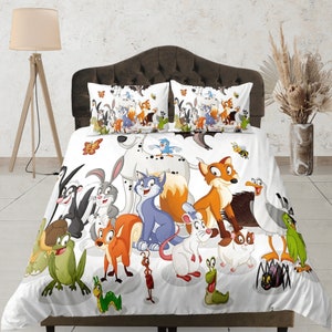 Cartoon Animal Friends beddengoedset, kinderdekbedovertrekset, zachte sprei, leuke dekbedovertrek, speelse slaapkamerset, kleurrijke bedovertrek