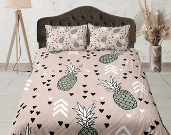 Pink and Green Pineapple Bedding Set, Tropical Fruit Duvet Cover Set, Fun Bedroom Bedspread, Custom Size Quilt Cover, Kids Room Decor