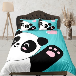 Lindo juego de cama de panda, juego de funda nórdica para niños, colcha de tamaño personalizado, funda de edredón con estampado de animales, adorable juego de dormitorio, funda de cama de dibujos animados