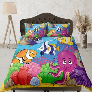 Colorful Underwater Duvet Cover Set, Ocean Animal Dorm Bedding, Custom Size Quilt Cover, Kids Bedroom Set, Sea Life Bedspread, Bedding Set