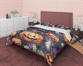 Esthetische dekbedovertrekset Halloween-thema, ontwerp Pumpkin Raven, gotisch beddengoed voor slaapzaal, slaapkamerset aangepast formaat, spookachtige sprei