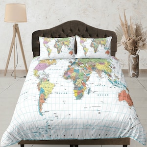 Dekbedovertrek wereldkaart, aangepast formaat, educatief beddengoed, geïnspireerd op reizen, kinderen en volwassenen, decor geografie, kleurrijke dekenhoes