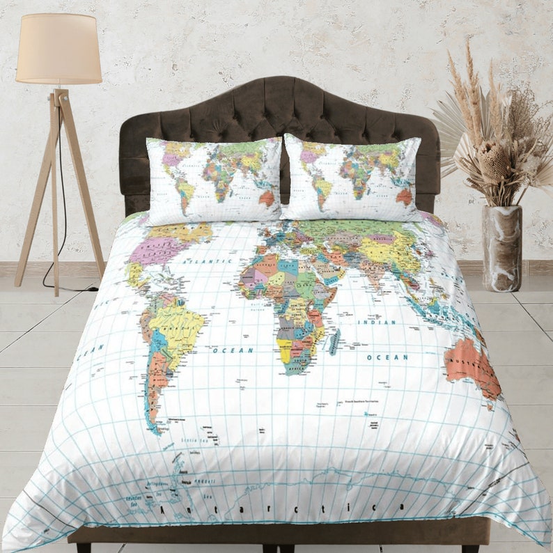 World Map Duvet Cover, Queen Size, Educational Bedding, Travel Inspired