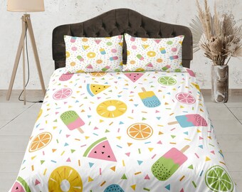 Juego de funda nórdica con estampado de frutas y paletas de colores, juego de cama de tamaño personalizado, funda de edredón estética, juego de dormitorio divertido para ropa de cama de dormitorio