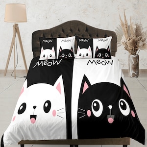 Schattige kattenbeddengoed, zwart-wit dekbedovertrek, prachtige dekbedovertrekset, cartoon kitten slaapkamerset, esthetische sprei, Meow beddengoed
