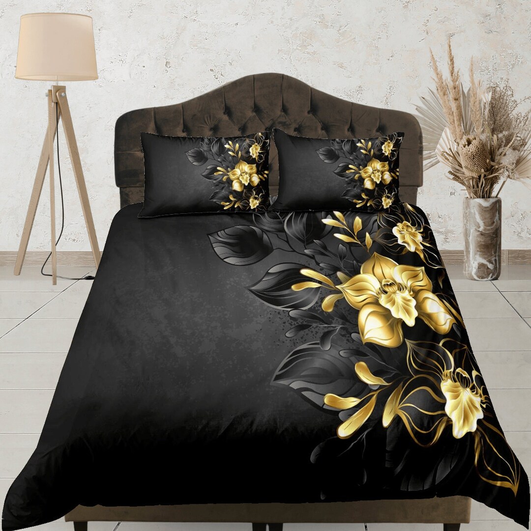 Black and Gold Floral Bedding Set, Soft Bedding, Elegant Dorm Bedding ...