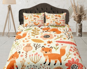 Juego de funda nórdica con zorros y bosques, juego de dormitorio personalizado, funda de edredón con temática animal, juego de edredón estético, colcha de naturaleza, ropa de cama de bosque