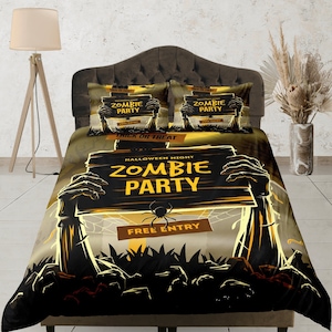 May include: A black and yellow Halloween bedding set with a zombie hand holding a sign that says "Halloween Night Zombie Party Free Entry".