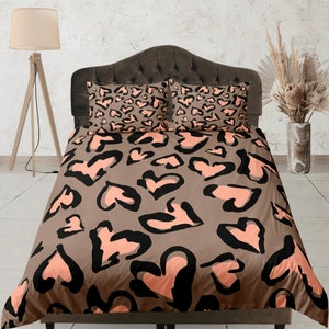 Romantic Heart Pattern Bedding Set, Brown and Black Duvet Cover Set, Cozy Bedroom Set, Custom Size Quilt Cover, Valentines Gift Bedspread
