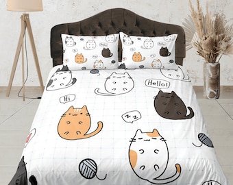 Cute Cat Print Duvet Cover Set, Dorm Bedding, Cartoon Cat Quilt Cover, Custom Size Bedding Set, Aesthetic Bedroom Set, Cat Bedspread