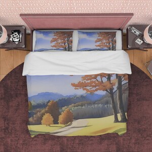 Set copripiumino con paesaggio autunnale, set di biancheria da letto estetica colorata, copripiumino per dormitorio autunnale, set da camera da letto rustico, copriletto di ispirazione naturale