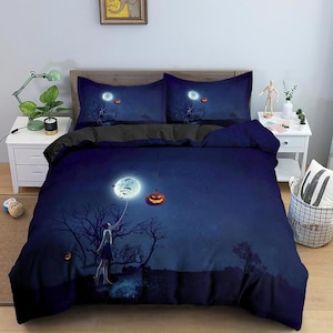 Halloween Pumpkin Moon Duvet Cover Set, Dark Dorm Bedding, Cute bed set,  Elegant Quilt Cover, Zipper Bedding for Spooky Bedroom Set