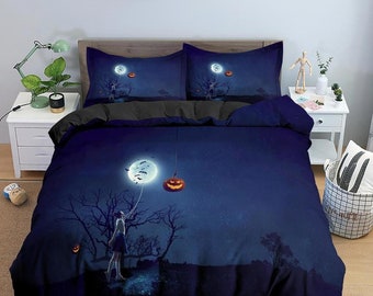 Juego de funda nórdica con diseño de calabaza y luna para Halloween, ropa de cama oscura para dormitorio, bonito juego de cama, elegante funda de edredón, ropa de cama con cremallera para dormitorio espeluznante