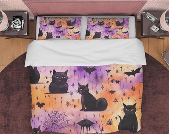 Black Cat Halloween Duvet Cover Set, Gothic Fall Dorm Bedding, Custom Size Aesthetic Bedroom Set, Purple Orange Bat Quilt Cover