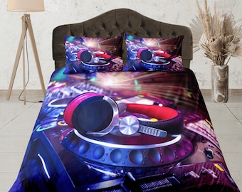 Juego de cama con auriculares y mezclador de DJ, funda nórdica estética, ropa de cama para dormitorio, juego de dormitorio, colcha de tamaño personalizado, funda de edredón para amantes de la música