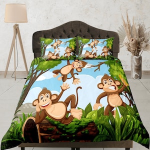 Affen Bettwäsche-Set, Dschungel-Safari-Bettbezug-Set, lustiges Kinderzimmer, schrulliger Wohnheim-Quiltbezug, bunter Doona-Bezug, Kinder-Schlafzimmerdekor