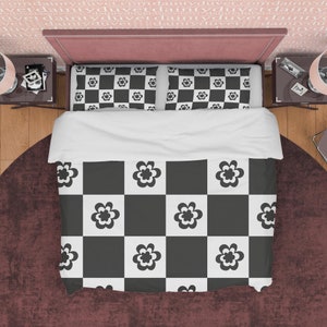 Black and White Floral Checkered Duvet Cover Set, Quilt Cover Set, Aesthetic Dorm Bedding, Bedroom Set, Modern Bedspread, Zipper Bedding