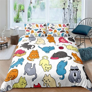 Sprei kawaii cartoon katten, slaapzaalbeddengoed, katachtige dekbedovertrek, zacht dekbedovertrekset, kattenliefhebber decor esthetische slaapkamer, Furmom-cadeaus