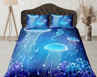 Copriletto Medusa subacquea, set copripiumino stampato, biancheria da letto per dormitorio, grazioso set da camera da letto, copripiumino oceanico, copriletto blu e viola