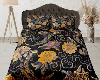 Custom Size Bedding Set, Japanese Floral Bedding Set, Dorm Bedding, Koi Fish Duvet Cover Set, Aesthetic Bedroom Set, Asian Art Bedspread