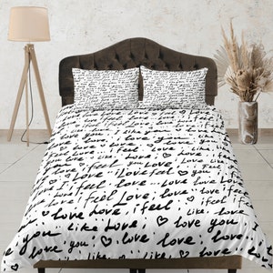 Capa de edredom com carta de amor, conjunto de cama romântico, conjunto de quarto com script, colcha preta e branca, capa de edredom exclusiva, presente para casal