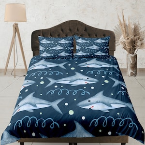 Navy Blue Shark Bedding Set, Ocean Theme Dorm Bedding, Custom  Duvet Cover Set, Kids Bedroom Set, Fun Shark Quilt Cover, Animal Bedspread