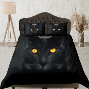 黒猫の目のベッドスプレッド、カスタムサイズの寝具セット、ジッパー付き布団カバーセット、美しいキルトカバー、寮の寝具、ゴシックベッドルームセット