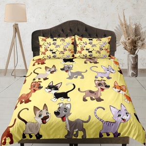 Cartoon Katze Bettwäsche Set, Verspielte Kinder Tagesdecke, Gelb Schlafzimmer Set, Fun Quilt Cover, Tierliebhaber Bettdecke, Niedliche Kinderzimmer Dekor