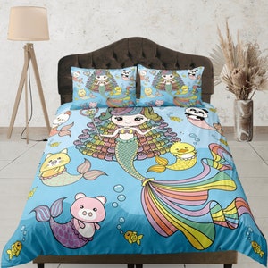 Juego de funda nórdica de sirena arcoíris, juego de ropa de cama para habitación de niños, funda de edredón bajo el mar, ropa de cama divertida para dormitorio, diseño de criaturas marinas, decoración de habitación de niñas