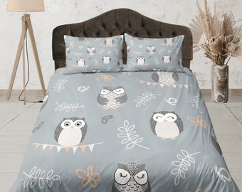 Eulendruck Tagesdecke Set, Grau und Beige Schlafzimmer Set, Tier Tagesdecke, Waldbettdecke, Abdeckung, niedliche Schlafsäle Bettwäsche, Benutzerdefinierte Größe Bettwäsche