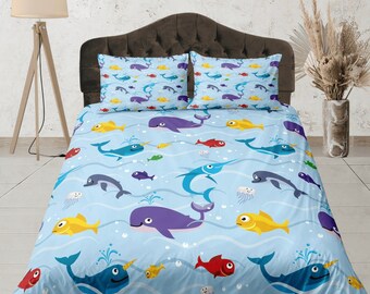 Meerestiere Bettwäsche - Unter Dem Tiefblauen Meer von red_raspberry_design - Bettbezug ODER Kissenbezüge aus Baumwollsatin von Spoonflower