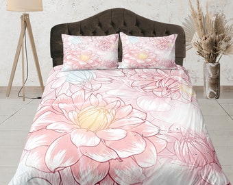 Pastel Floral Print Duvet Cover Set, Dorm Bedding, Elegant Bedroom Set, Botanical Quilt Cover, Soft Pink Duvet Cover Set,Yellow Bedspread