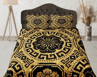 Elegant Baroque Bedding Set, Luxurious Duvet Cover, Gold & Black Bedroom Set, Ornate Bedspread, Luxe Aesthetic Room Decor, Dorm Quilt Cover
