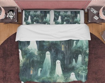 Ghost Aesthetic Duvet Cover Set, Green Bedspread, Dorm Bedding, Halloween Bedroom Set, Cute Quilt Cover, Forest Doona Cover, Zipper Bedding