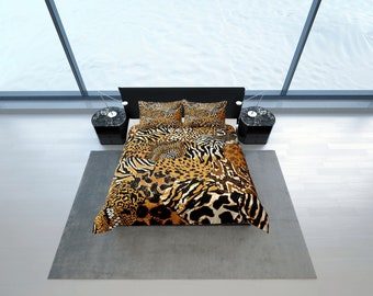 Set Biancheria da Letto Animale 3D Prateria Giraffa Cavallo Foresta Leopardo Carlino Nero Gufo Grigio Gatto Arancione Copripiumino con Federa, Microfibra Poliestere (Nero, 220_x_240_cm