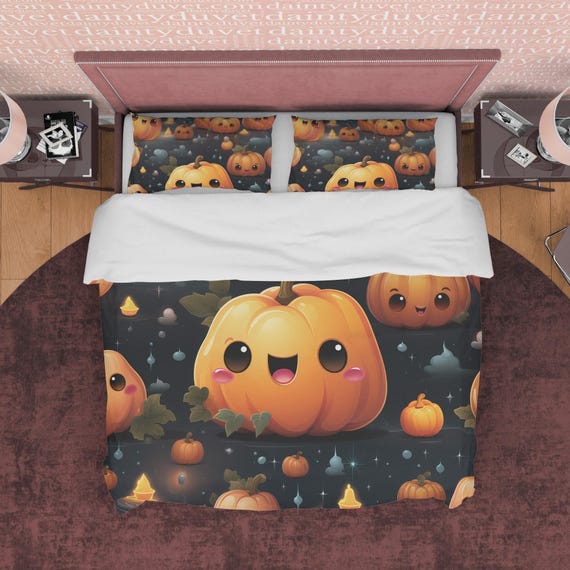 Halloween Kürbis Bettwäsche-Set, niedliches Kürbis-Bettwäsche-Set, ästhetisches Schlafzimmer-Set, dunkelorangefarbene Wohnheimbettwäsche, Bettbezug in benutzerdefinierter Größe