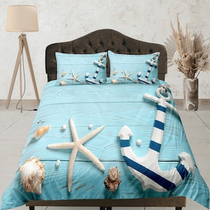 Nautical Bedding Set, Coastal Duvet Cover Set, Ocean Blue Bedroom Set, Beach House Bedspread, Aesthetic Dorm Quilt Cover, Cozy Doona Cover