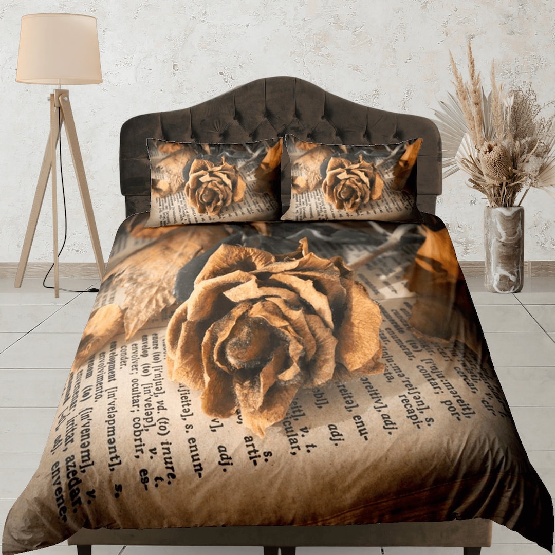 Vintage Rose and Script Bedding Set, Soft Bedspread Cover, Custom Size ...