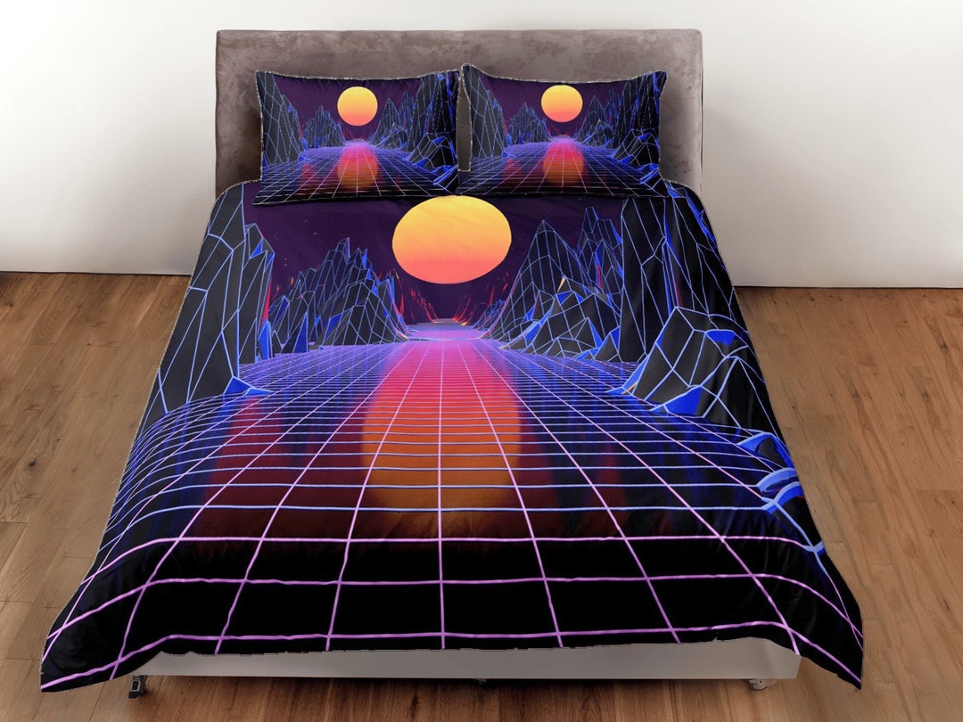Vaporwave Duvet Cover, 80s Aesthetic Bedding Set, Sunset Mountain