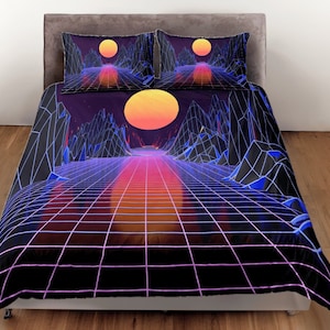 May include: A black and blue duvet cover with a retro-style grid pattern and two orange suns. The duvet cover features a 3D effect with mountains and a road leading to the horizon.