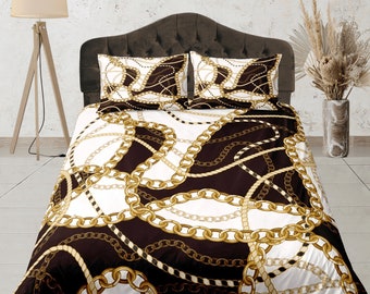 Luxe Aesthetic Duvet Cover Set, Luxury Gold Chain Print, Black and White Bedding Set, Elegant Bedroom Decor, Modern Quilt Cover, Custom Size