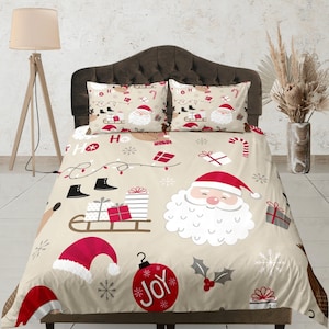 Aesthetic Christmas Santa Bedding Set, Kids Room bed set, Beige Duvet Cover, Cute Holiday Set, Cozy Bedspread with Santa, Gifts, Ornaments