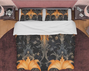Dekbedset met gotisch vleermuisvleugelpatroon, elegante slaapkamerset, zwart en oranje slaapzaalbeddengoed, esthetische Halloween-dekbedovertrek, unieke sprei